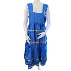 Anthropologie Helena Square-Neck Tiered Midi Dress Blue Scallop Size Small